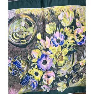 Vintage A Scarf by Kimball 100% Silk Square 34” Floral Green Border Hand Rolled